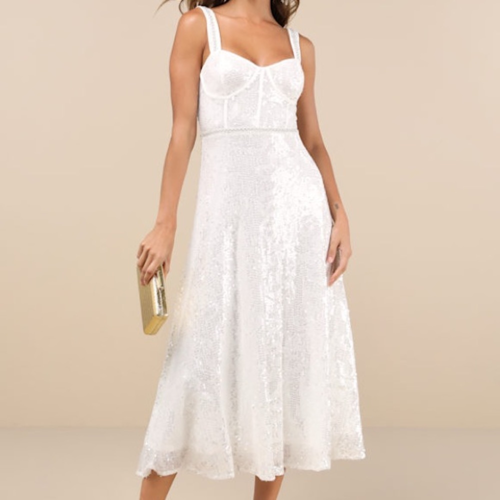 Lulu's Cream Sequin Embellished Midi Dress
